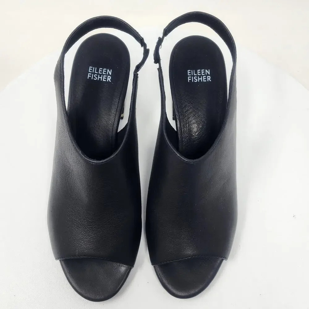 Eileen Fisher Bobbie Slingback Sandal Women 9.5 Italian Black Leather Wood Heel